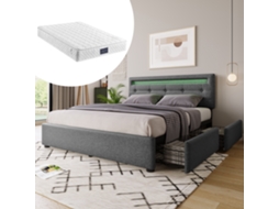 Caixilharia Com Led E 4 Gavetas, Incluindo Colchão, Cama De Casal Estofada Cama 140x200cm, Cinzento