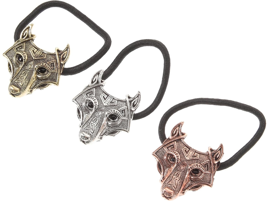 Elásticos de cabelo retrô em metal com cabeça de lobo, conjunto de 3