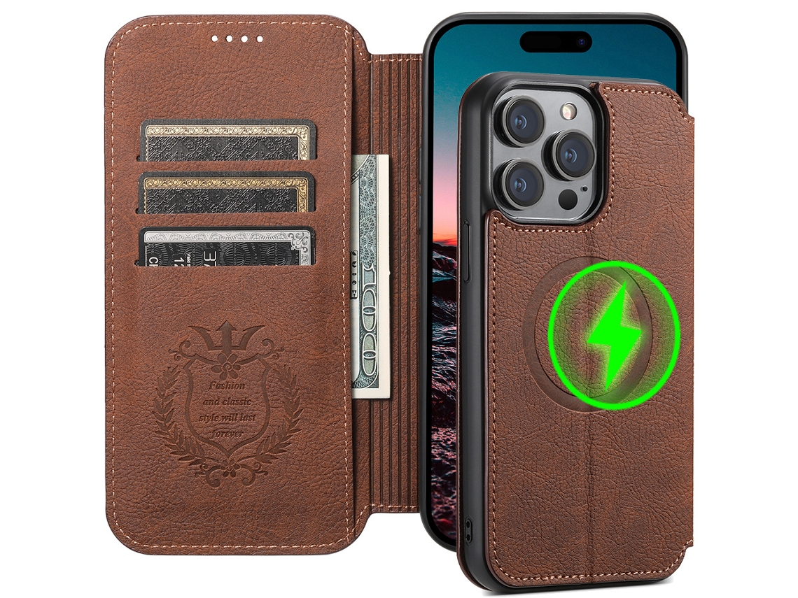 Capa Protetora De Couro Para Celular Com Carregamento Sem Fio Para Iphone 15 Plus Marrom