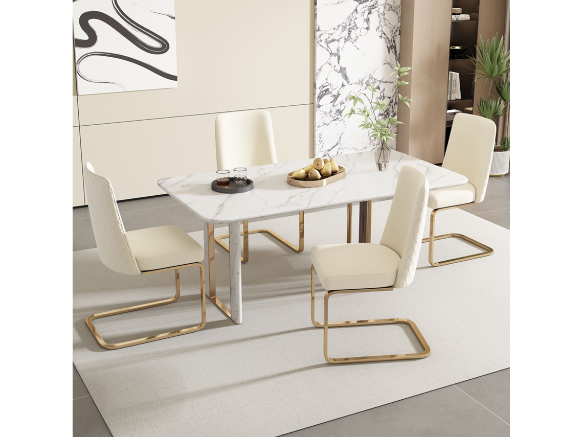 Conjunto De 4 Cadeiras Cantilever Em Veludo Encosto Com Padrão Em Losango Base Em Metal Dourado Bege Mobrio
