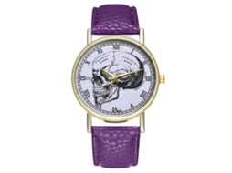 Relógio de quartzo unissex com pulseira de couro PU, estampa de caveira moderna, numerais romanos, roxo.