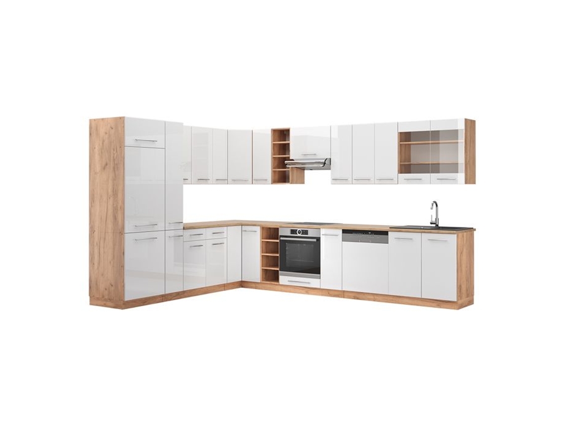 Cozinha de canto Fame-Line, 257 x 60 cm, PT Carvalho, Branco brilhante/Carvalho dourado VICCO