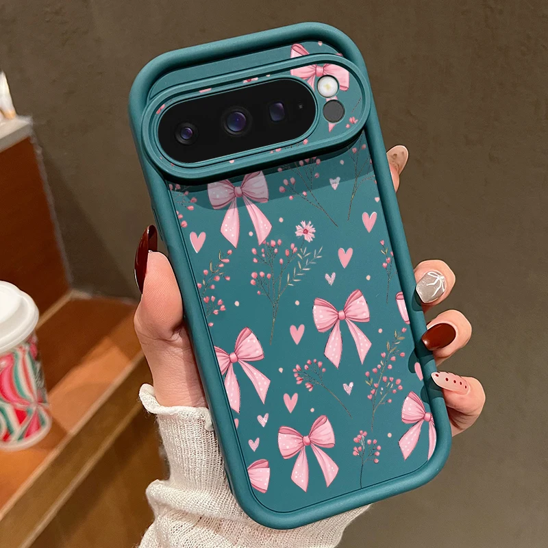 Capa Para Celular Google Pixel 8a (azul) Com Estampa De Laço Rosa E Flores, Capa Macia À Prova De Choque.