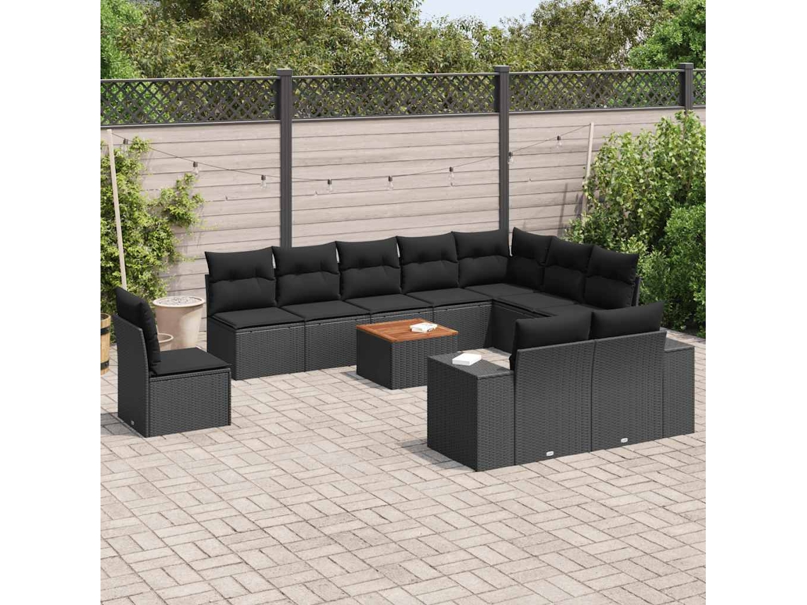 Vidaxl 11 Pcs Conjunto Sofás De Jardim C/ Almofadões Vime Pe Preto