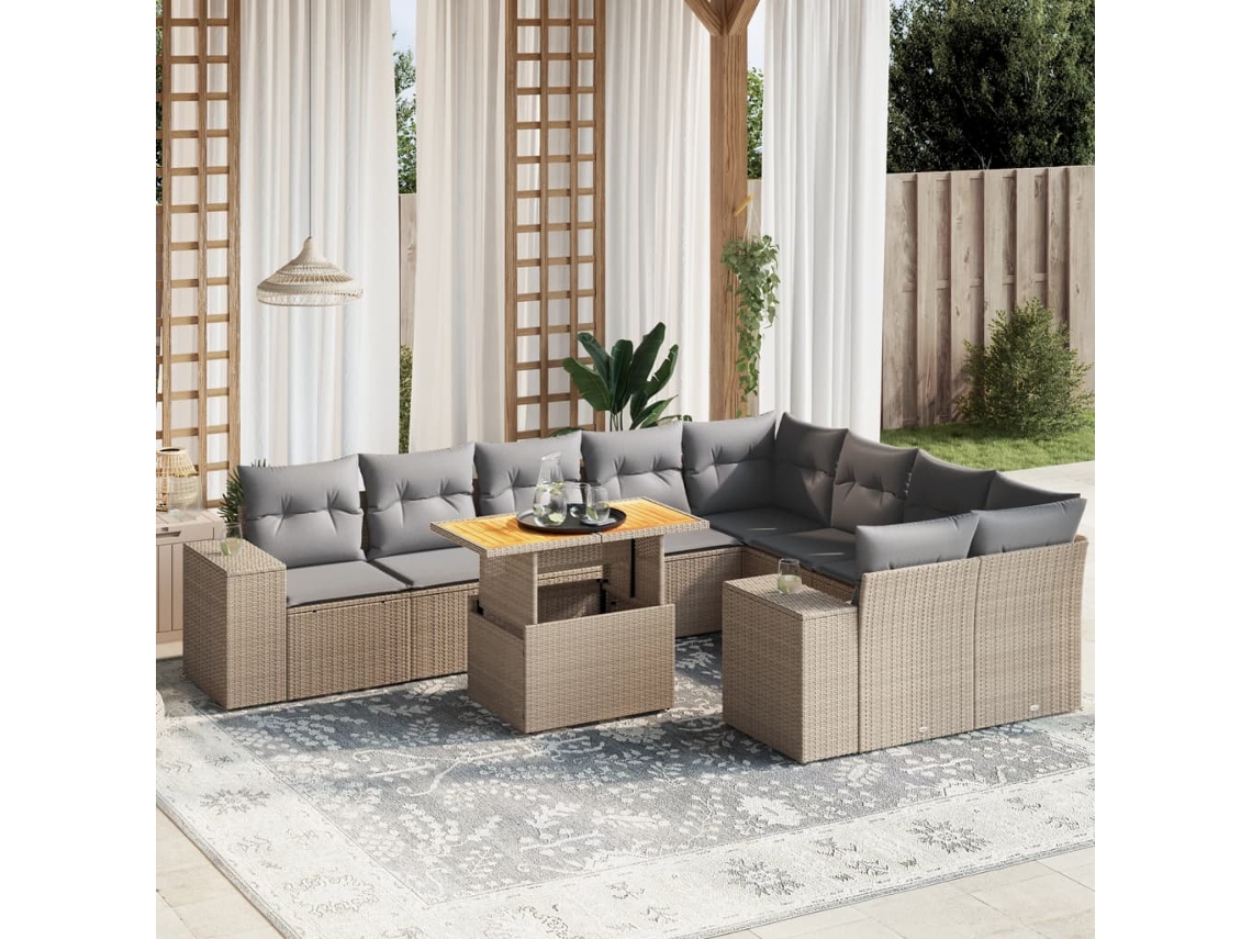Vidaxl 10 Pcs Conjunto De Sofás P/ Jardim Com Almofadões Vime Pe Bege
