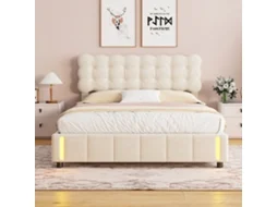 Cama Casal Led 140x200cm Veludo Bege Com Armazenamento Hidráulico E Luz Sensor
