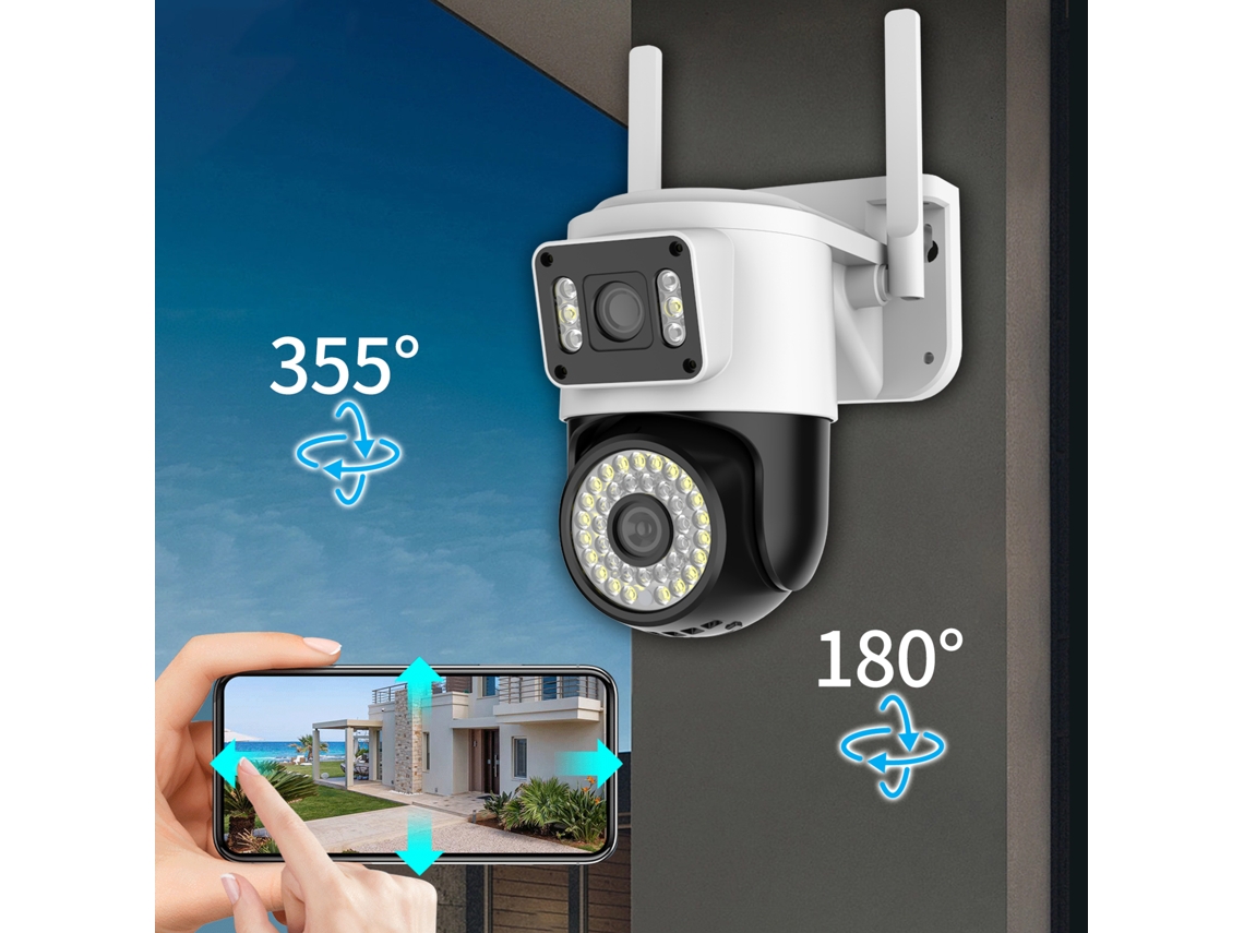 Câmera de segurança Wi-Fi dupla de 2MP e 1080p, detecção de alarme, interfone bidirecional para casa e animais de estimação.
