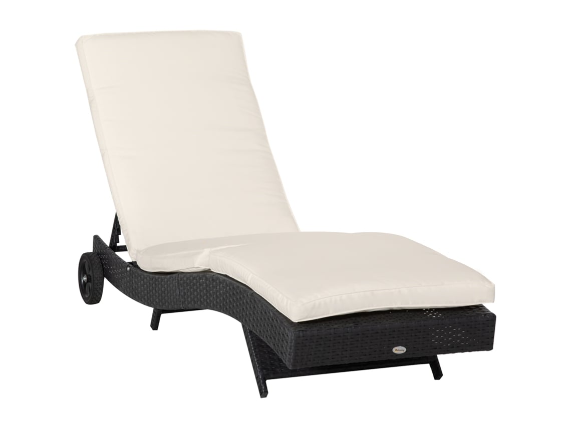 Espreguiçadeira Aço, Vime Sintético, Poliéster, Algodão e Espuma Cor Preto e Creme 207x70x70 cm Outsunny