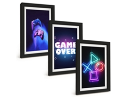 Composição De Quadros Game Over, Controles De Jogo Espelharte (3 Peças 20x30 Cm)