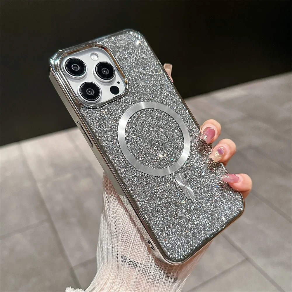 (prata, Iphone 14) Capa Magnética De Luxo Com Brilho De Diamante, Compatível Com Carregamento Sem Fio Magsafe