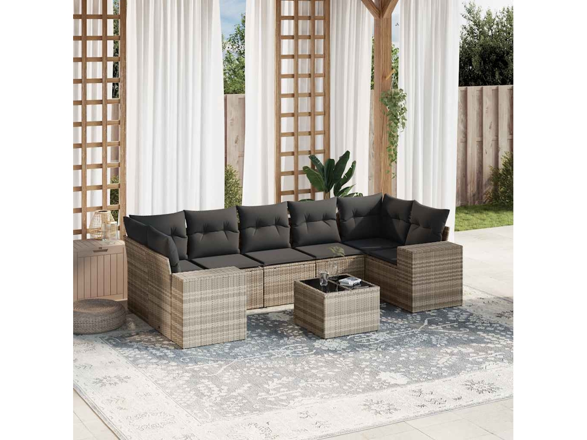 Vidaxl 8 Pcs Conj. Sofás Jardim C/ Almofadões Vime Pe Cinzento-claro