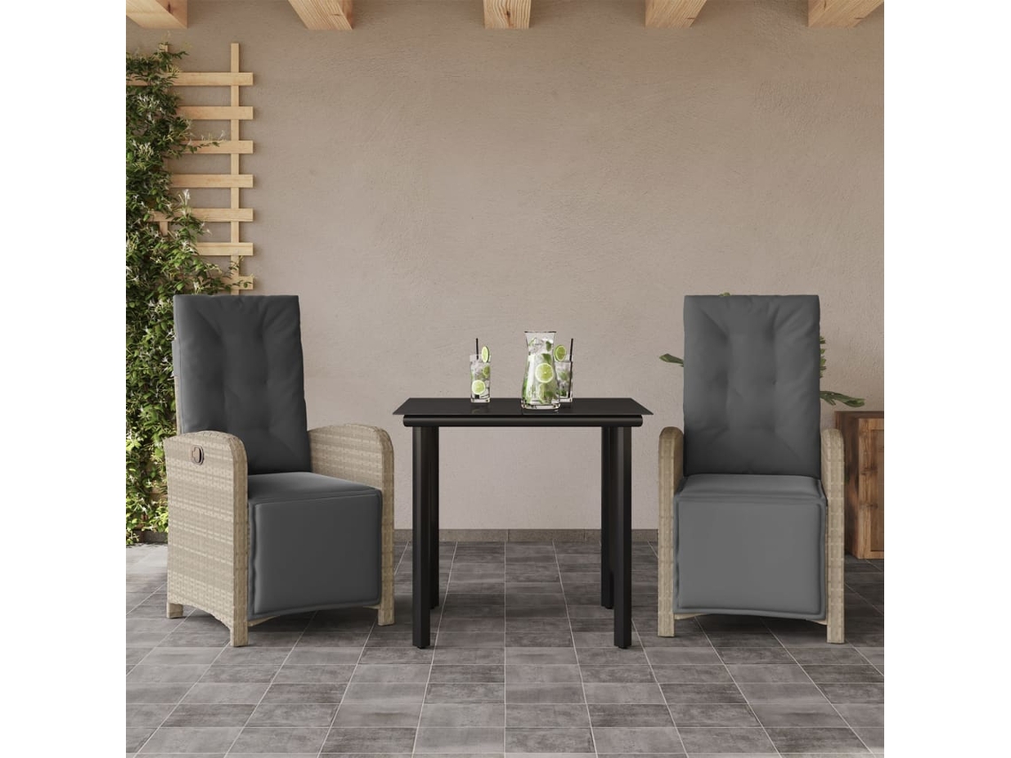 Conjunto 3 Peças Bistrô Com Almofadões Vime Pe Cinzento Claro Dkd Home Decor
