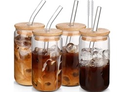 Conjunto De 4 Canecas Vidro 473 Ml , Com Tampas E Canudos Caneca Café, Copo Para Bebidas, 2 Escova Aquaforge (aproximadamente 453,6 Gramas)