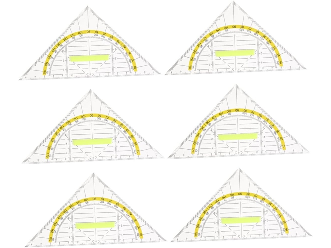 Conjunto de desenho multifuncional com 6 peças, régua triangular com números nítidos, ideal para matemática e arquitetura.