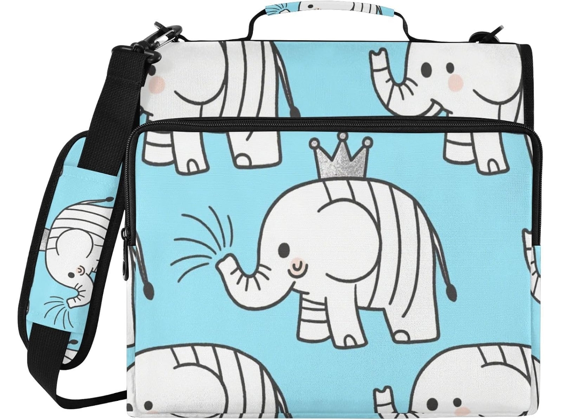 Pasta Escolar Com Zíper, Alça E Desenho De Elefante Fofo Em Preto Azul, 3, 8cm 1, 5 Polegadas, Com 3 Carimbos Bolsa De