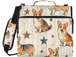 Pasta de 3 Argolas com Zíper e Alça, Estampa Cachorro Corgi Estrelas, 3,8 Cm Fácil Transportar Ideal para do