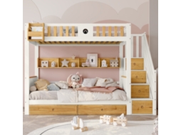 Beliche Espaçoso, Pinho E Mdf, Cama Infantil Com 4 Armários Na Escada, Grade, 2 Gavetas E Prateleira. Branco+natural, 90x200cm.