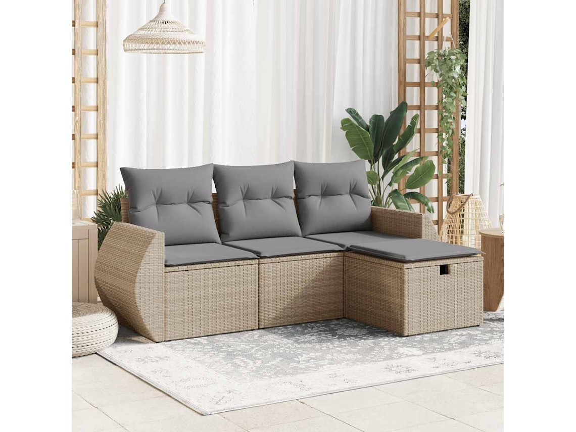 Vidaxl 4 Pcs Conjunto De Sofás Para Jardim C/ Almofadões Vime Pe Bege