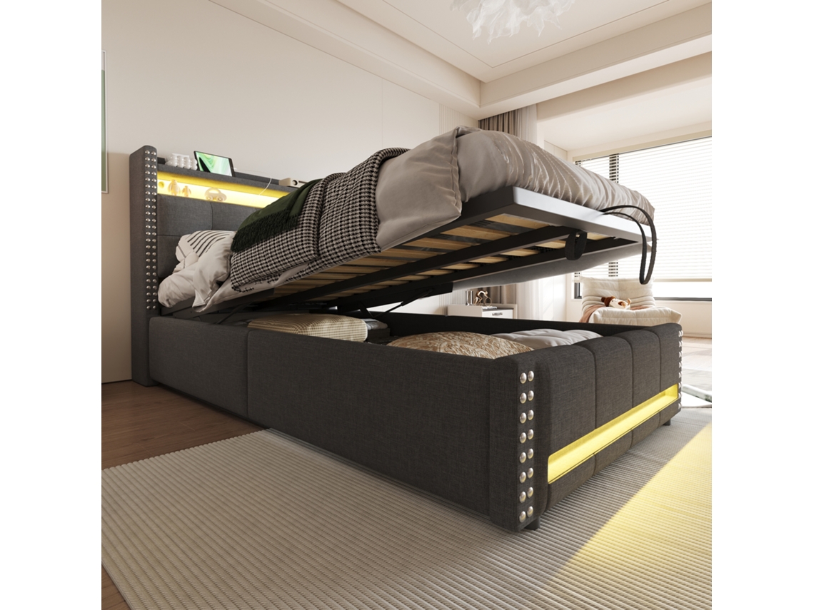 Cama Linho Cinza 90x200 C/ Led Usb E Prateleira