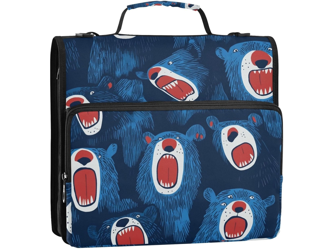 Organizador de Mesa com 3 Argolas e Alça, Estampa Urso Azul, 3,8 Cm. Bolsa Portátil para Guardar Objetos em Ca