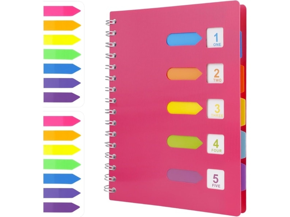 Caderno espiral A5 com 2 abas de índice, 5 abas coloridas, capa dura Slowmoose (rosa)