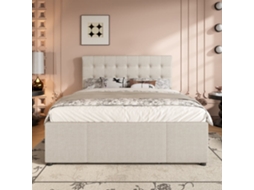 Cama Estofada 140x200cm - Cama De Casal, Com Três Gavetas, Cama Extensível, Cabeceira Ajustável, Sem Colchão - Bege