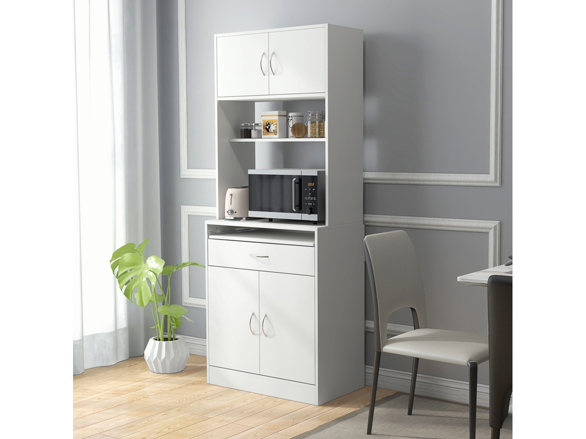 Armário De Cozinha Com 4 Portas Bandeja Amovível Prateleira Ajustável Gaveta E Bancada Para Micro-ondas 70x40x180 Cm Branco