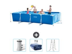 Piscina com Estrutura Retangular INTEX 450 X 220 X 84 Cm Azul Incluída Bomba de Filtro de Piscina Vela Solar Escada