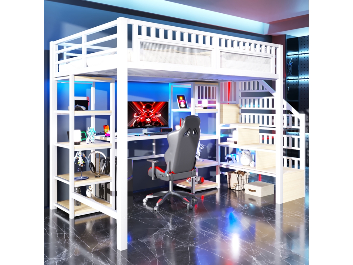 Cama De Alta 140x200cm Quadro De Ferro Gaveta Escada Mesa De Escritório Led Usb Branco