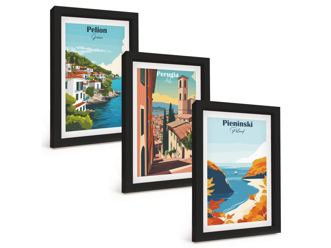 Composição De Quadros Paisagens Pitorescas Retrô Espelharte (3 Peças 20x30 Cm)