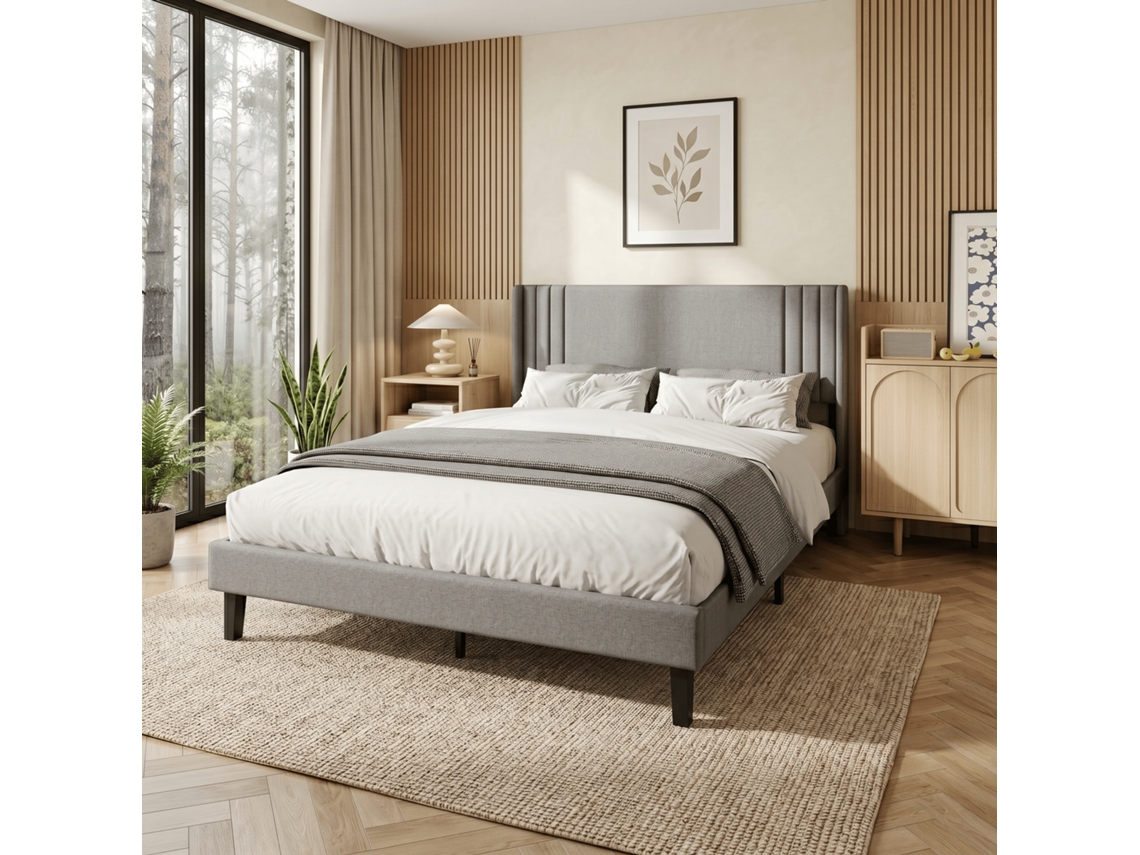 Estrutura De Cama 160x200 Cm Com Cabeceira Estofada Em Linho, Estrado Incluído, Cama De Casal Para Quarto, Cinzento