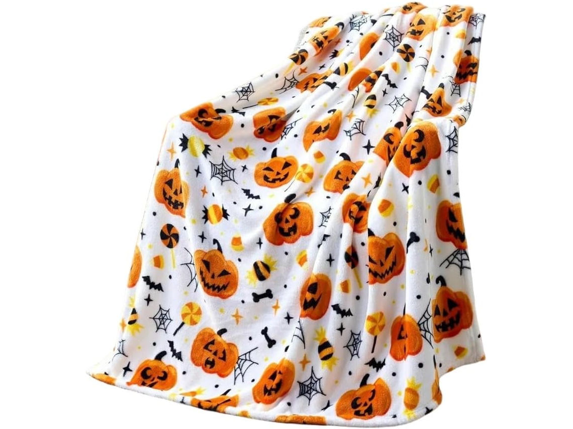 Manta Preta de Halloween Syjym 1 com Estampa Morcego Abóbora Fantasma e Caveira Ideia Presente para Decorar