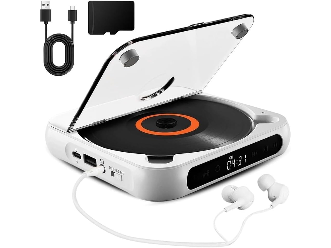 Leitor De Cd Portátil E Recarregável Com Som Hifi Reprodução Sem Fio, Ideal Para Viagens E Uso Doméstico Branco