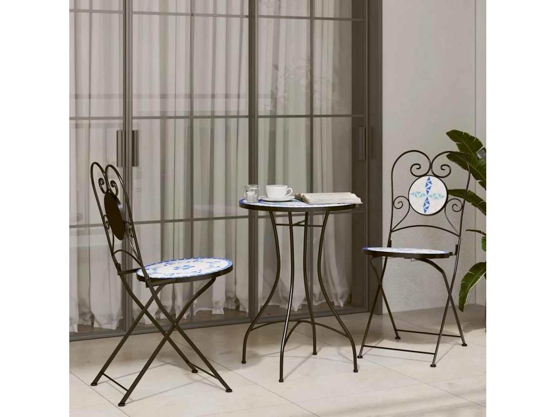 Vidaxl Conjunto De Bistrô Em Mosaico Ferro E Cerâmica Azul E Branco