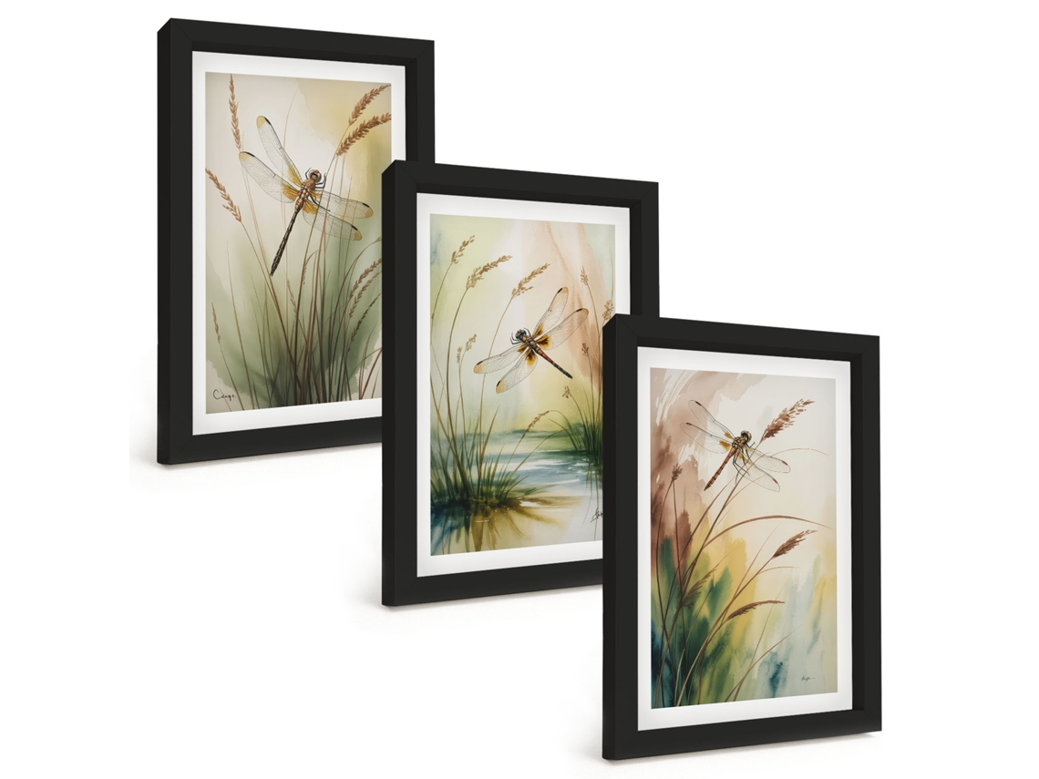 Composição De Quadros Libélulas, Grama, Água, Pintura Espelharte (3 Peças 20x30 Cm)