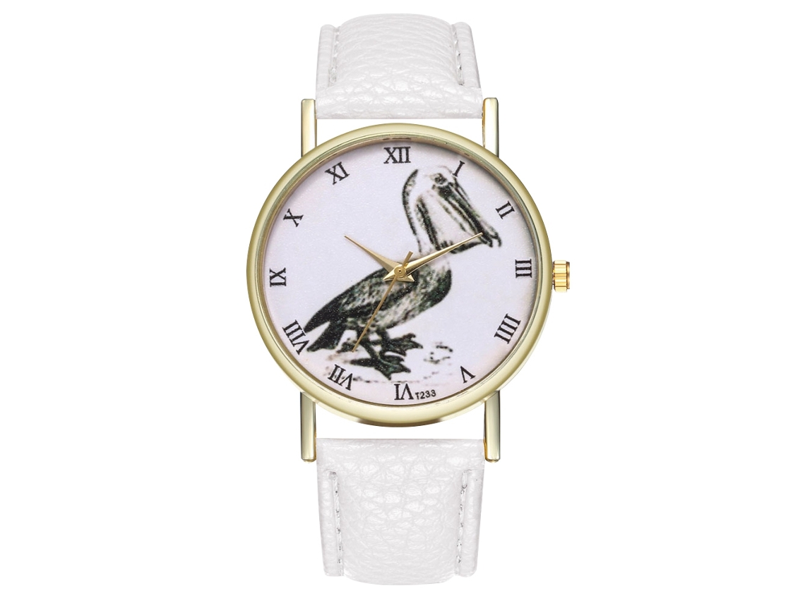 Relógio feminino Zhoulianfa de quartzo com pulseira de couro PU e mostrador redondo com estampa de pássaros brancos.