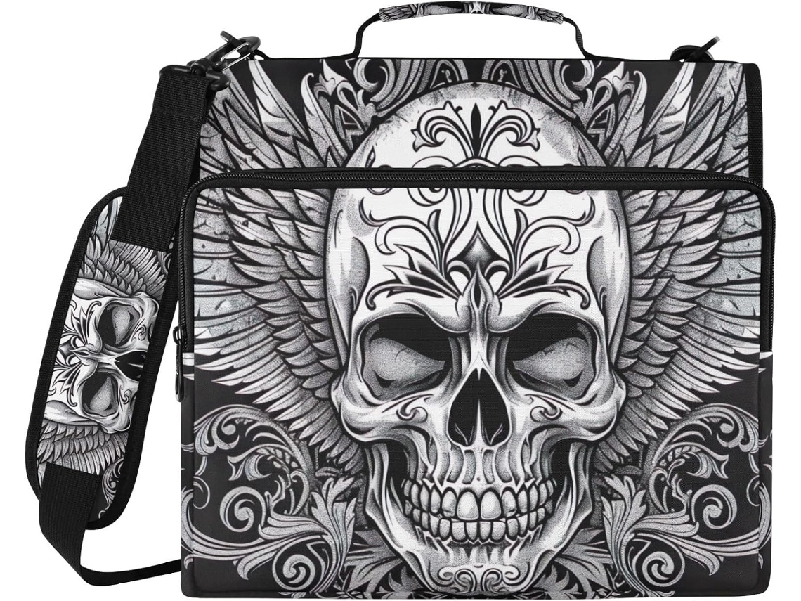 Organizador De Bolsa Com Zíper E Estampa Caveira Gótica, 3-argolas, Ideal Escola E Escritório