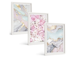Galeria De Pinturas Murais Flores Rosa, Mármore, Tons Pastel Moldura Branca Quadros Para A Sala De Estar Espelharte (3 Piezas De 40x60 Cm)