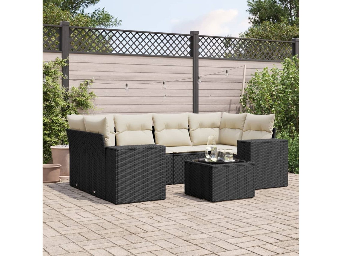 Vidaxl 7 Pcs Conjunto de Sofás P/ Jardim C/ Almofadões Vime Pe Preto