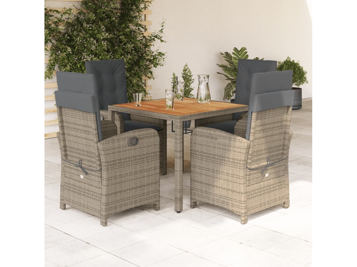 5 Pcs Conjunto De Jantar P/ Jardim C/ Almofadões Vime Pe Cinza Dkd Home Decor