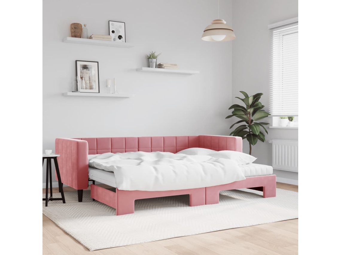 Sofá cama con cajón y colchones de 80x200 cm en terciopelo rosa