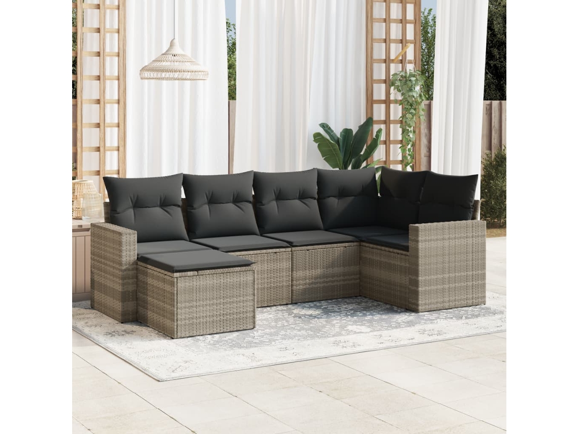 Vidaxl 6 Pcs Conj. Sofás Jardim Com Almofadões Vime Pe Cinzento-claro