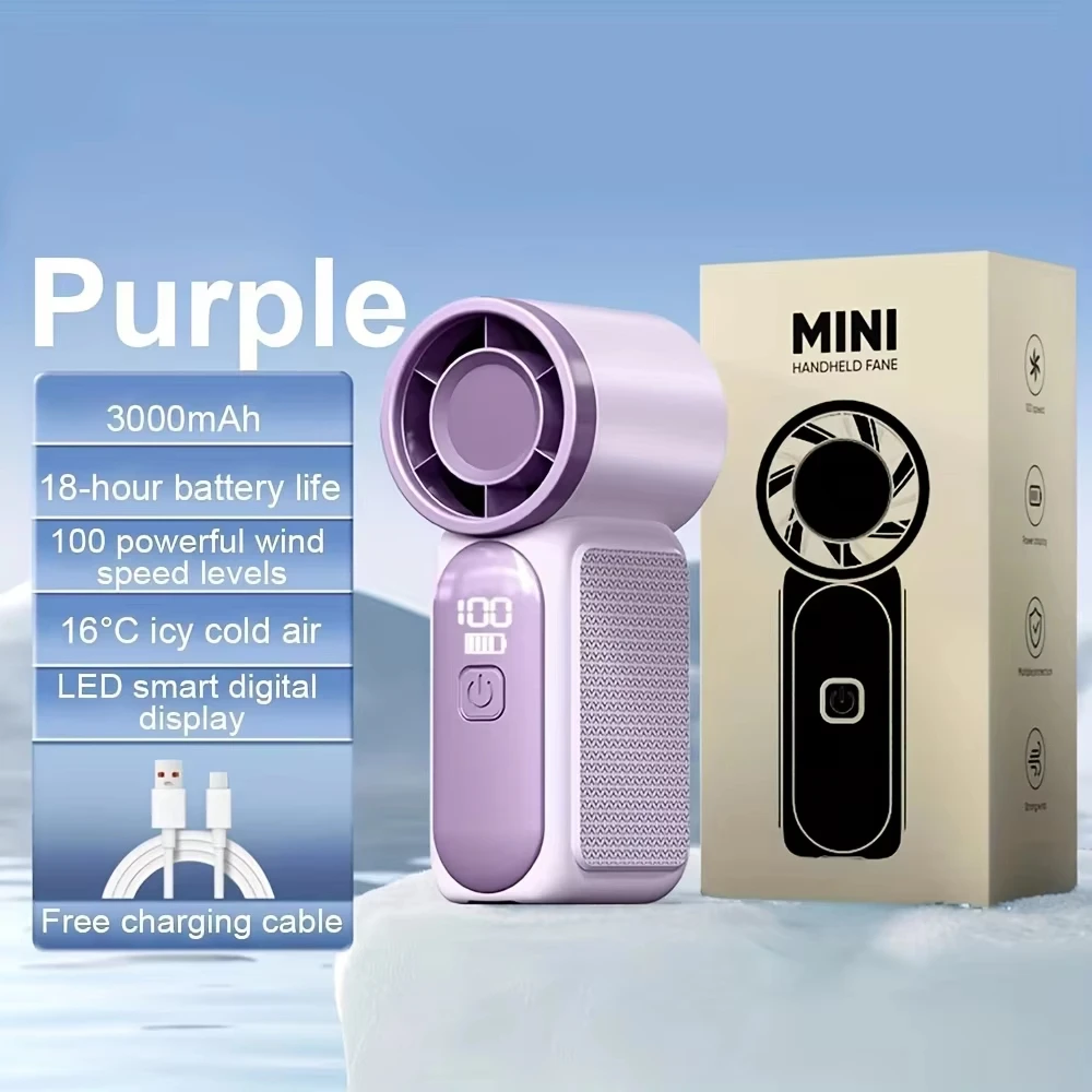 (roxo) Mini ventilador portátil, recarregável via USB, ventilador pessoal para resfriamento, visor digital, fluxo de ar potente