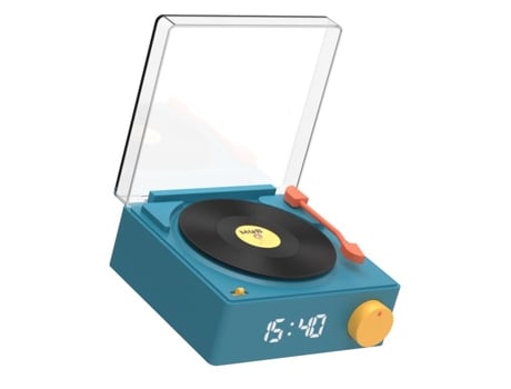 MOBILITY ON BOARD Gira-Discos de Vinil de Aspeto Retro Vs-80 Altifalante Bluetooth de 5 W com Relógio Despertador Azul