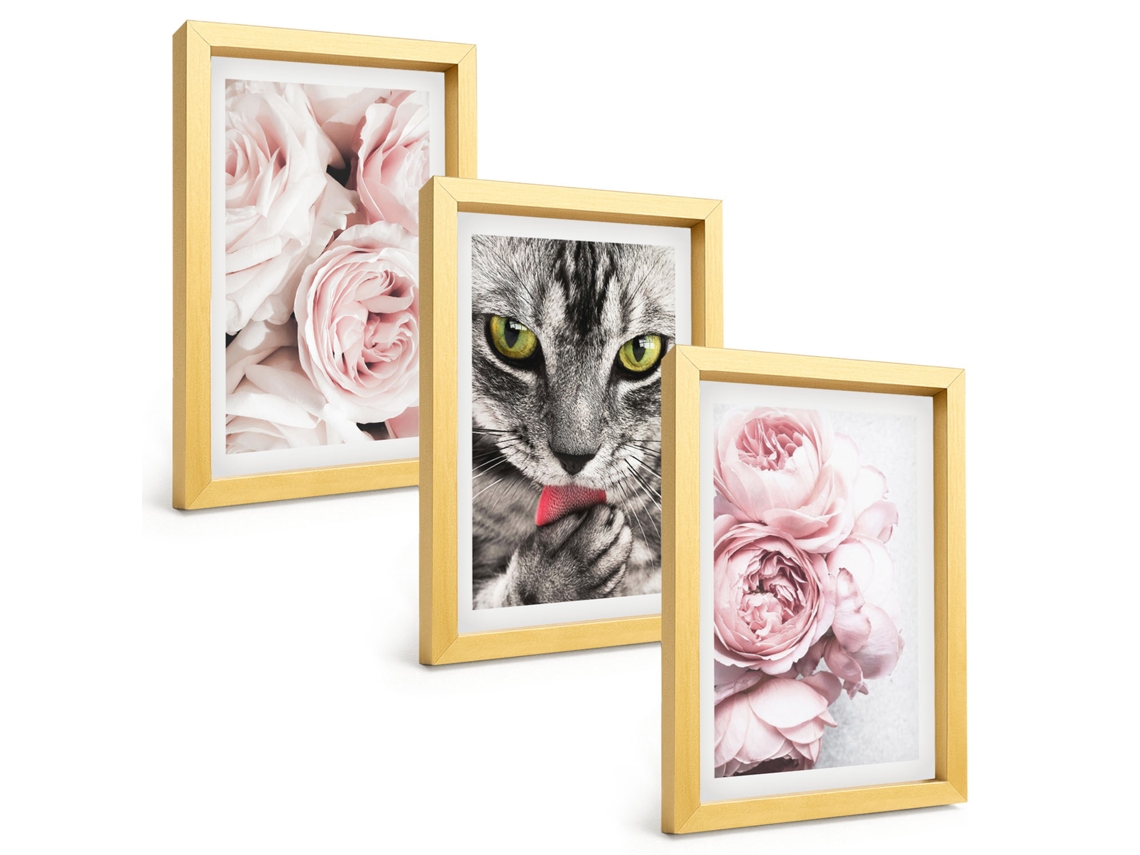 Composição De Quadros Gato Em Flores Rosa Espelharte (3 Peças 20x30 Cm)