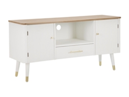 Móvel Para Tv Matera, 117x40x60 Cm, Em Madeira De Freixo E Pinho, Branco E Castanho, Com Portas, Gaveta E Detalhes Dourados - Design Boho Chic