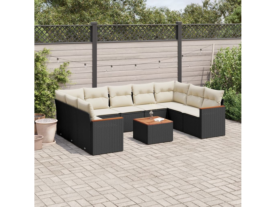 Jogo de Sofá Jardim 10 Peças C/ Almofadões Vime Pe Preto Dkd Home Decor