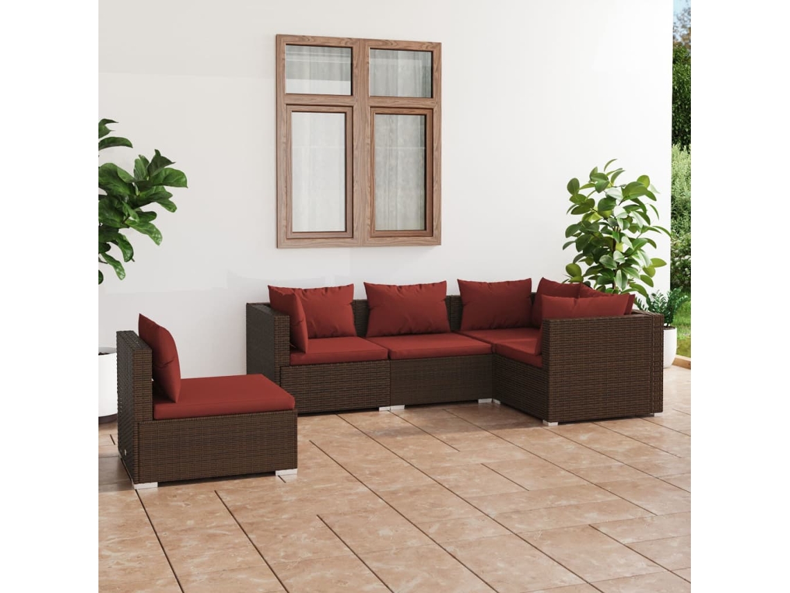 5 Pcs Conjunto Lounge Jardim C/ Almofadões Vime Pe Marrom Dkd Home Decor