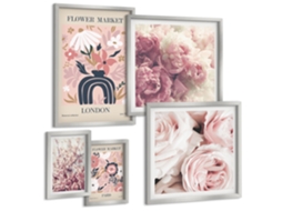 Quadros Decorativos Para Parede Peônias Rosa, Geométrico Moldura Prateada Quadros Para O Escritório Espelharte (conjunto De 5 Imagens)