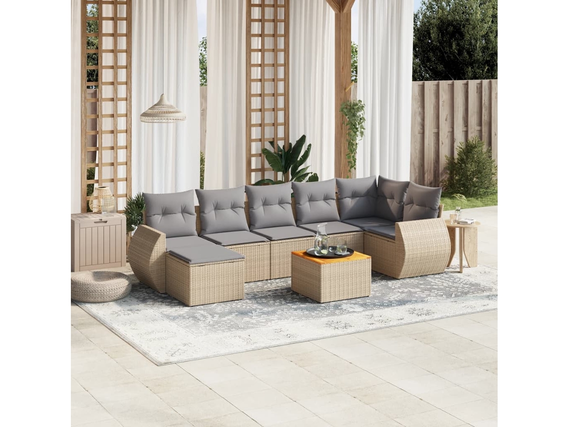 Vidaxl 8 Pcs Conjunto De Sofás P/ Jardim Com Almofadões Vime Pe Bege